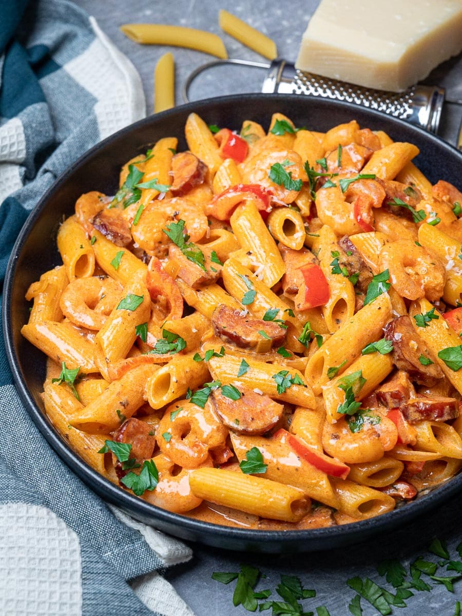 SHRIMP & TURKEY SAUSAGE SUMMER PASTA