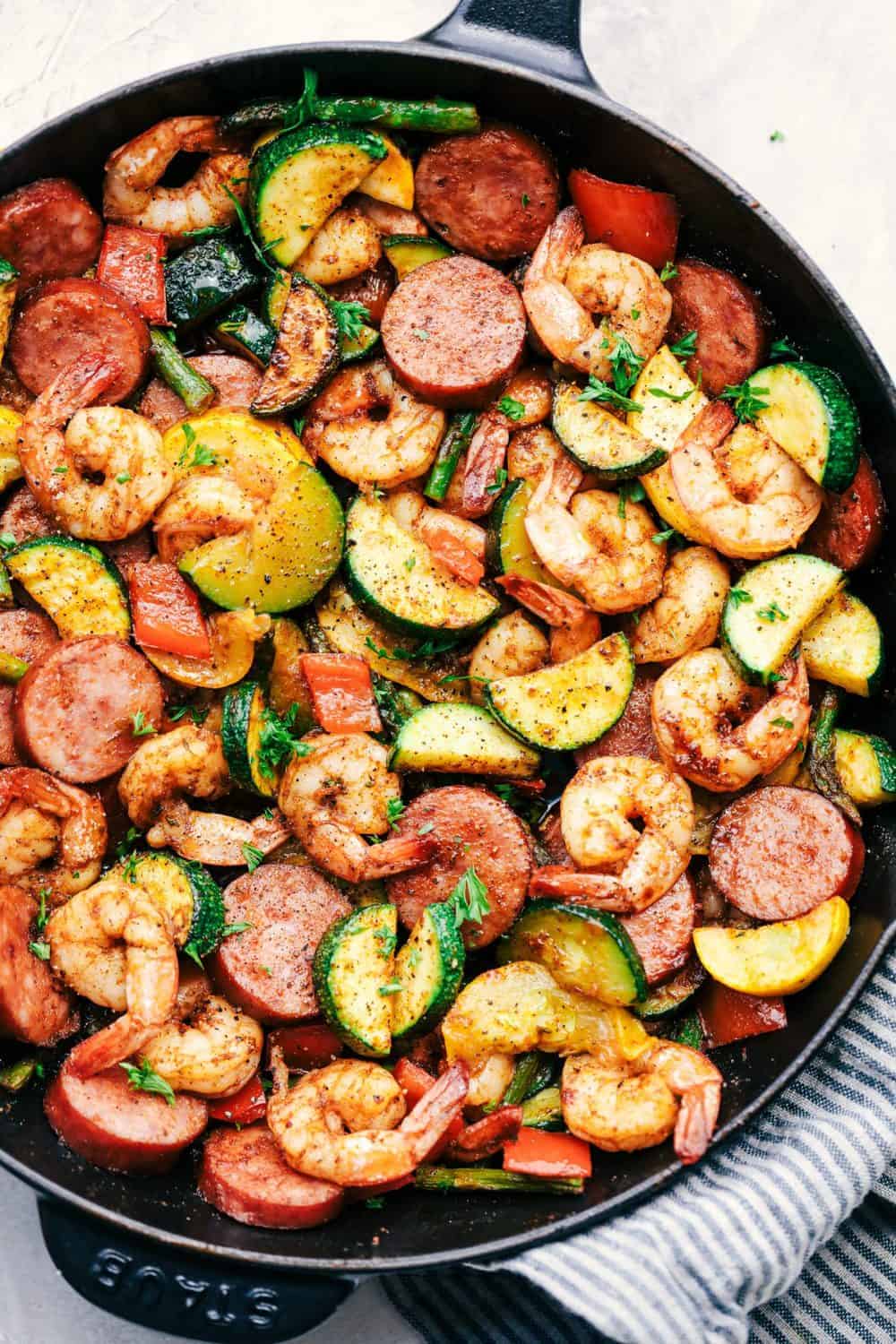 CAJUN GARLIC BUTTER SHRIMP AND TURKEY SAUSAGE SKILLET